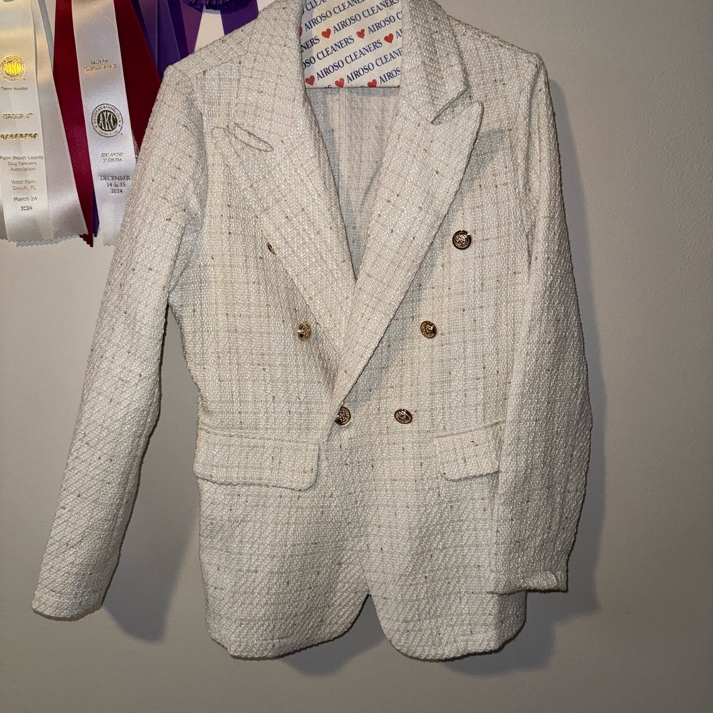 SHEIN White and Gold Blazer with Windowpane Pattern